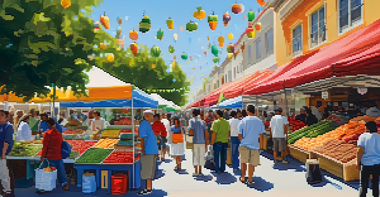 A bustling outdoor community market in San Jose with diverse vendors and shoppers engaging with local products.