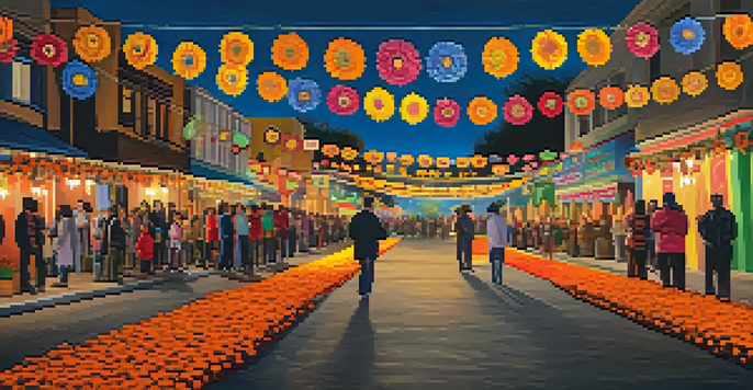 A lively street scene of Día de los Muertos in San Jose, with families celebrating around colorful altars and decorations.