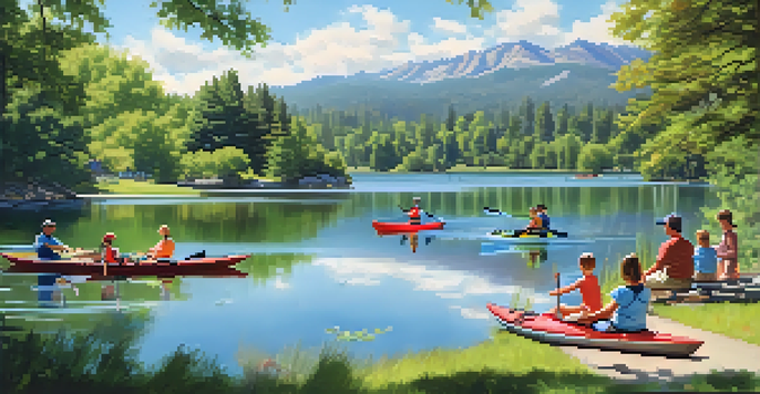 Families kayaking and fishing at Lake Cunningham Park, surrounded by trees and walking trails.