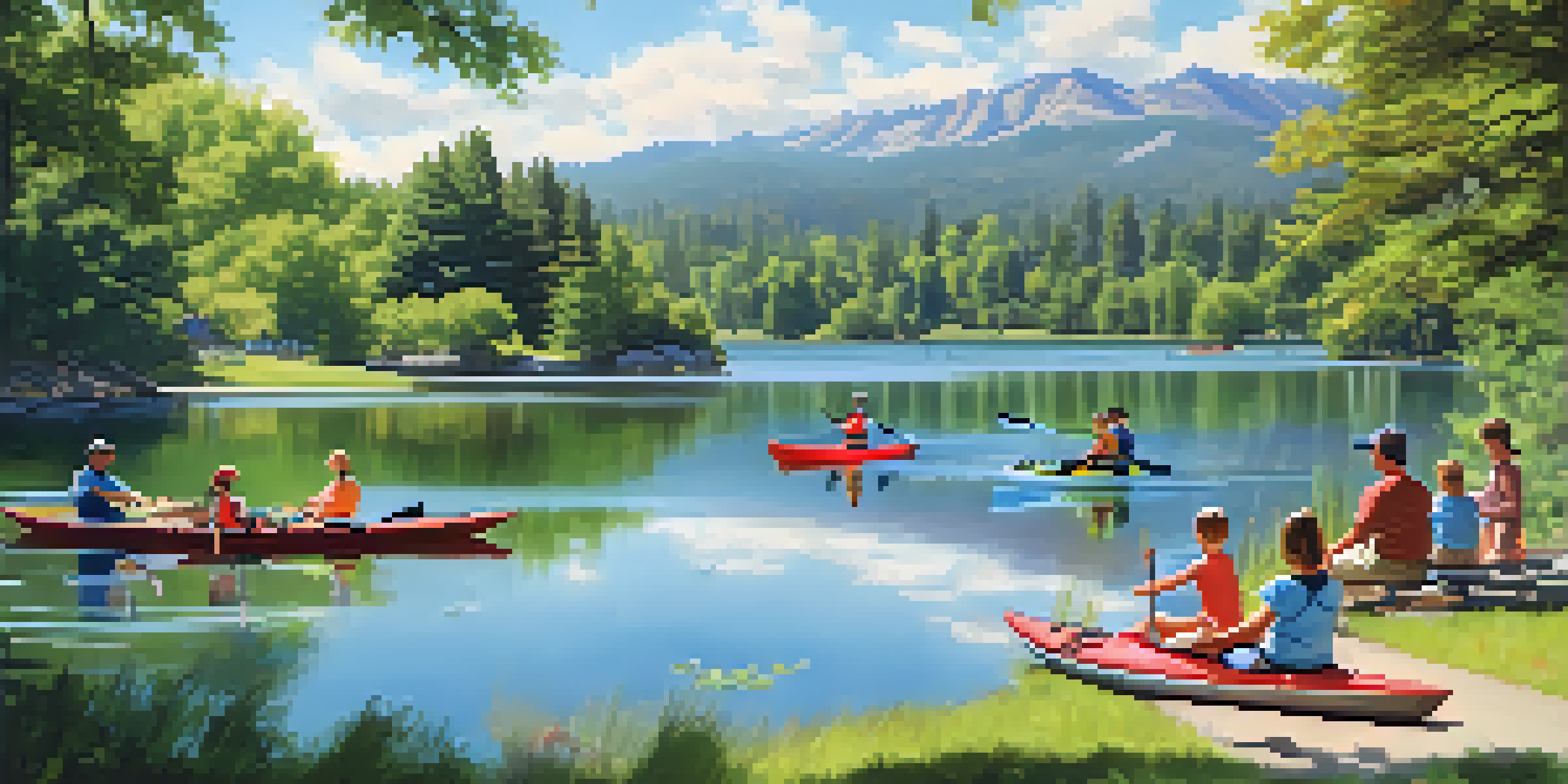 Families kayaking and fishing at Lake Cunningham Park, surrounded by trees and walking trails.