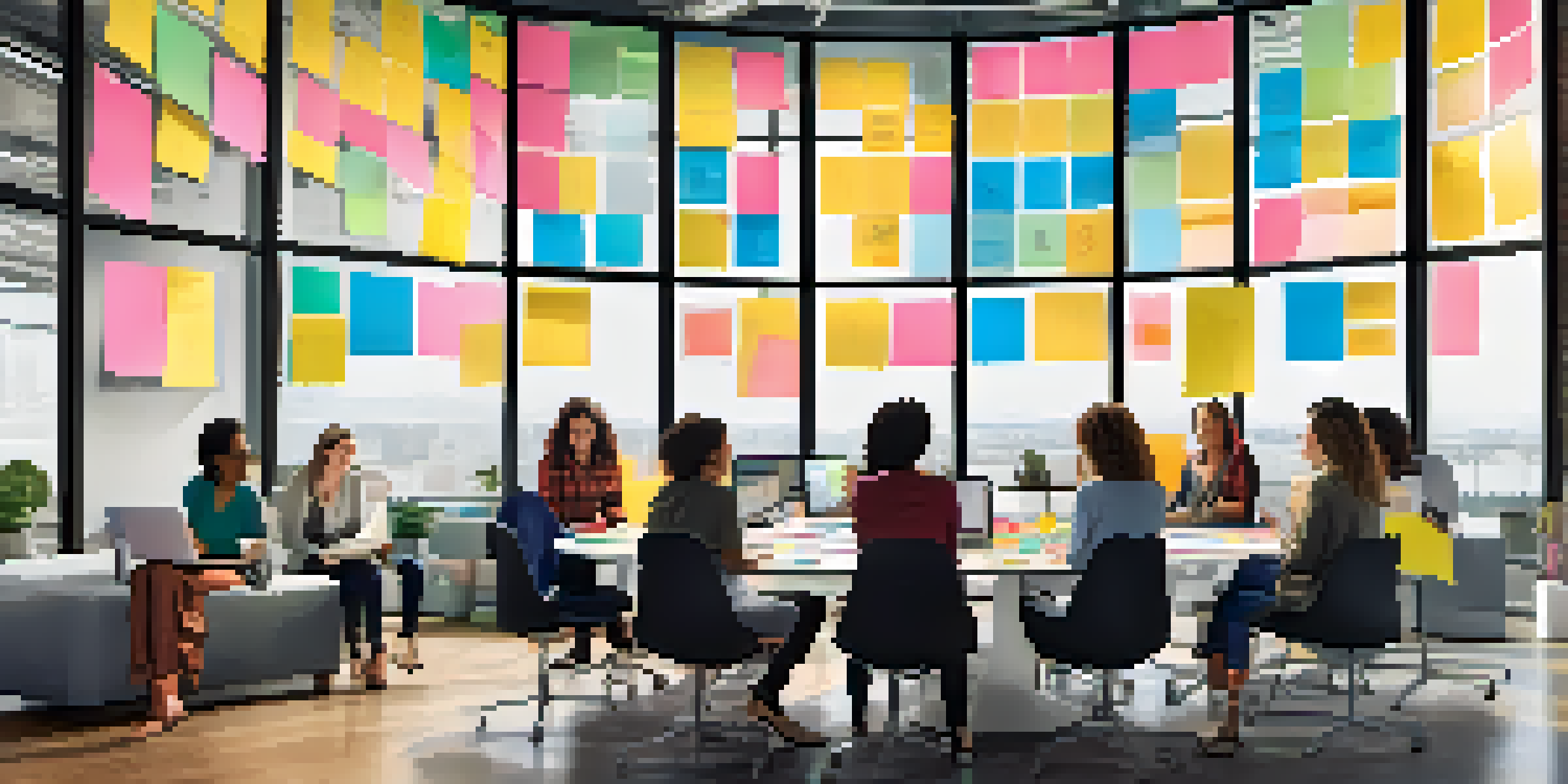 A diverse group of women collaborating in a bright, modern tech office, surrounded by digital screens and colorful notes.