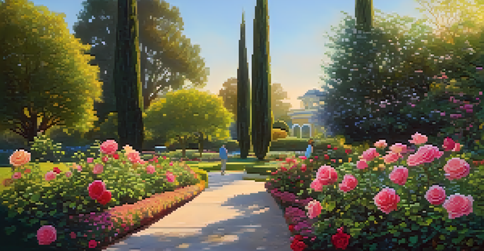 A couple walking through the San Jose Municipal Rose Garden filled with colorful roses and greenery during sunset.