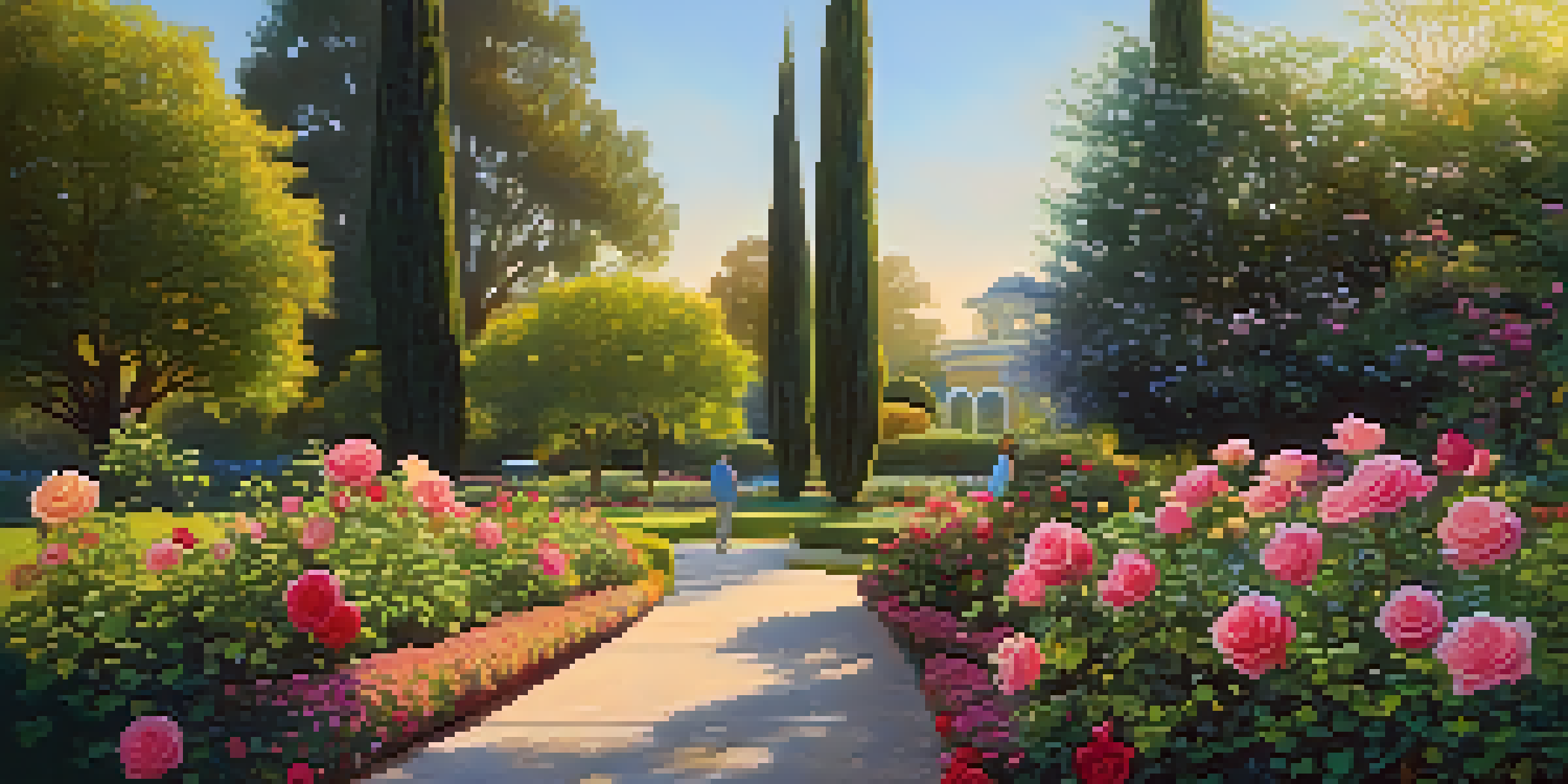 A couple walking through the San Jose Municipal Rose Garden filled with colorful roses and greenery during sunset.