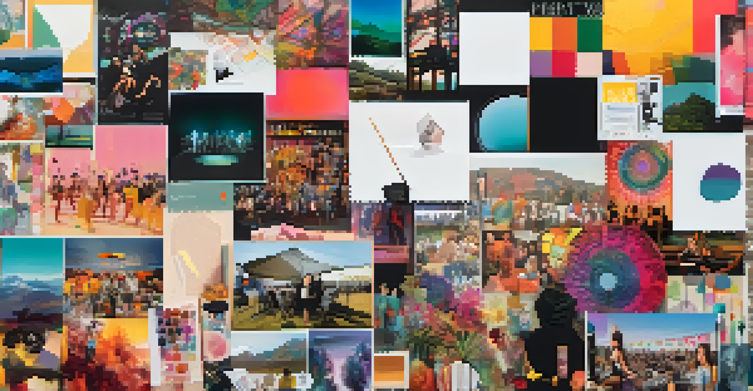An artistic mood board featuring a collage of colors, textures, and images representing a music festival's vision, including vibrant color swatches and snippets of performing artists.