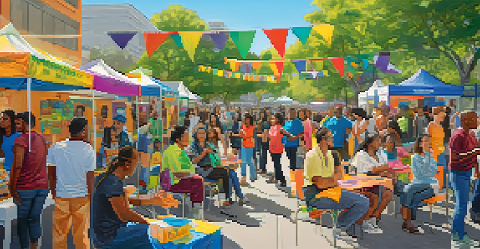 A community mental health awareness event in San Jose with diverse individuals engaging around a colorful booth.
