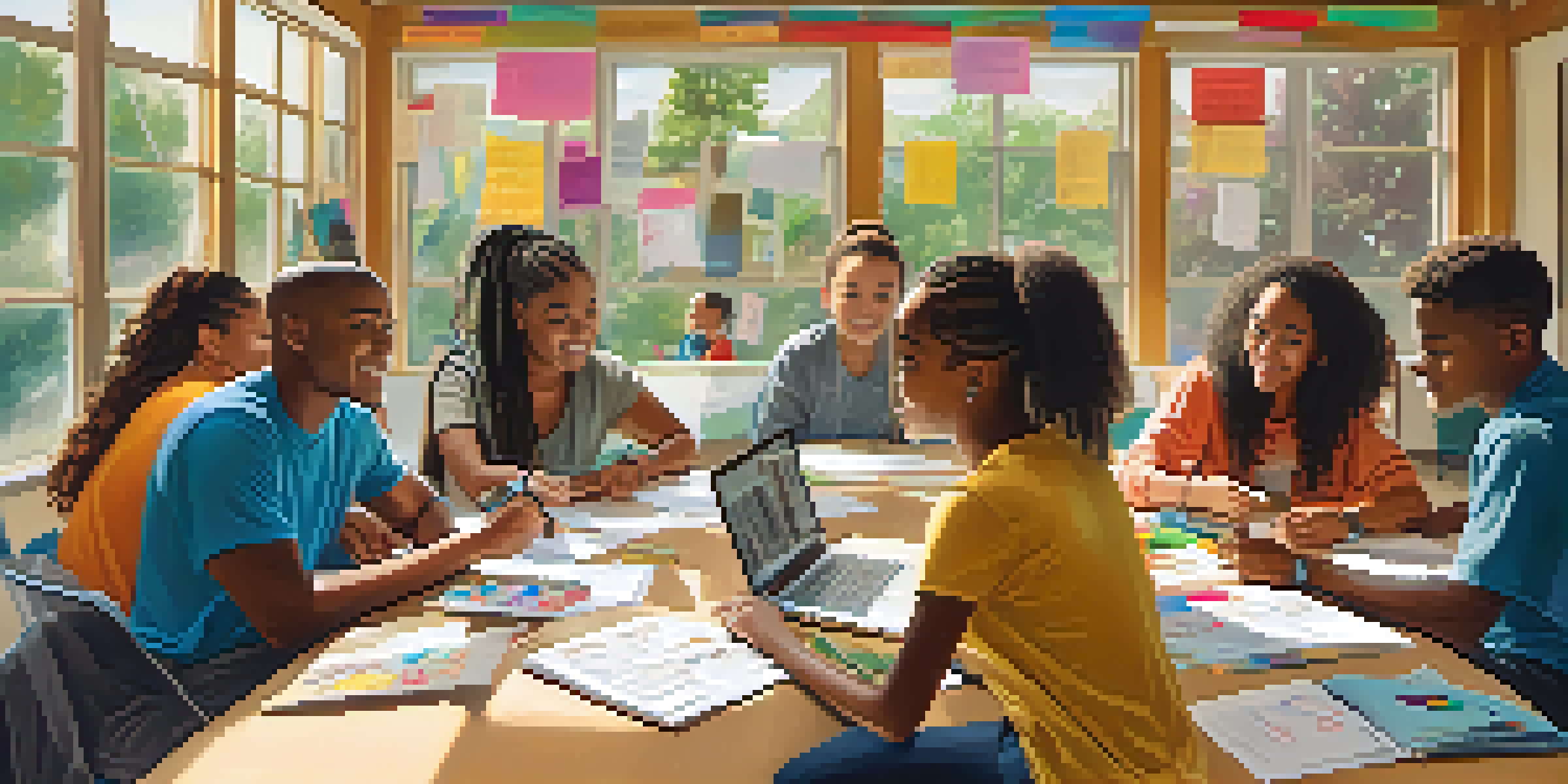 A diverse group of young leaders participating in a collaborative workshop in a bright community center, surrounded by colorful materials and inspirational posters.