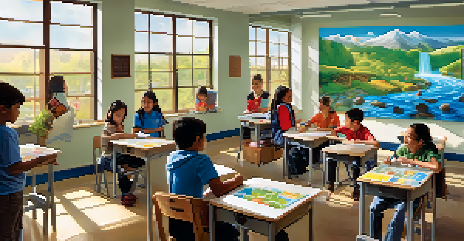 Students in a classroom in San Jose presenting their water-saving projects, with colorful posters and natural light creating a lively learning environment.