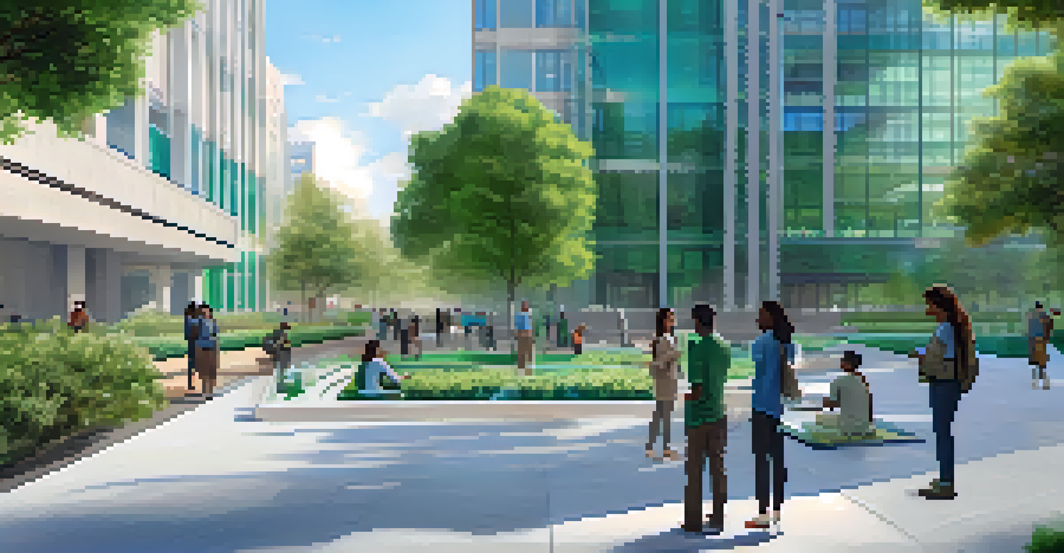 A digital virtual assistant helping citizens through a mobile app in front of a modern city hall, vibrant colors.