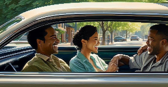 Four diverse commuters happily sharing a ride in a modern car, engaged in conversation with greenery visible outside.