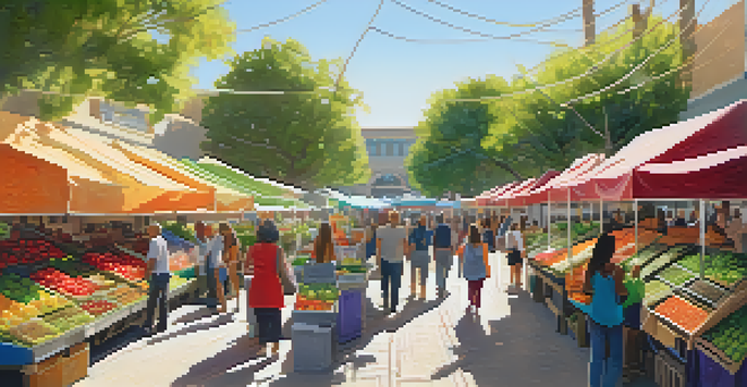 A lively marketplace in San Jose featuring local vendors promoting sustainability with fresh produce and eco-friendly packaging.