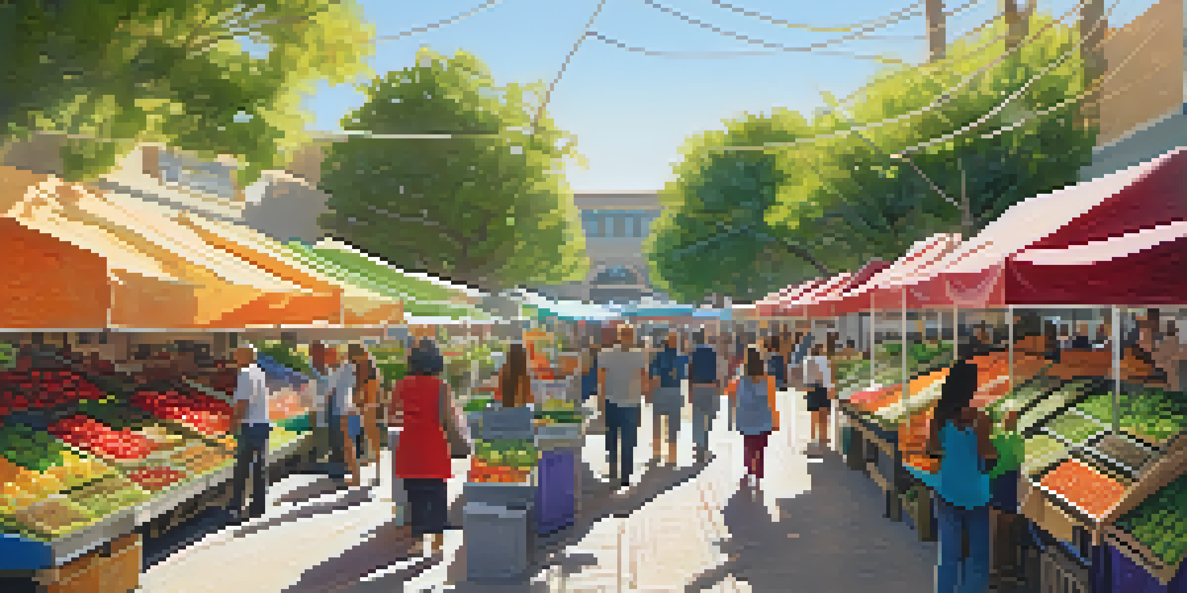 A lively marketplace in San Jose featuring local vendors promoting sustainability with fresh produce and eco-friendly packaging.