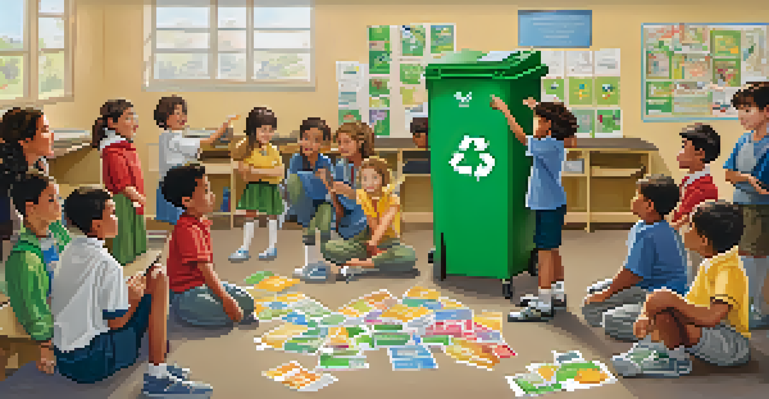A classroom scene showing students learning about recycling practices from a teacher, with educational posters in the background.