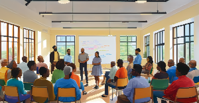 A diverse group of people gathered in a bright meeting room, engaged in discussion during a community meeting with natural light filtering in.