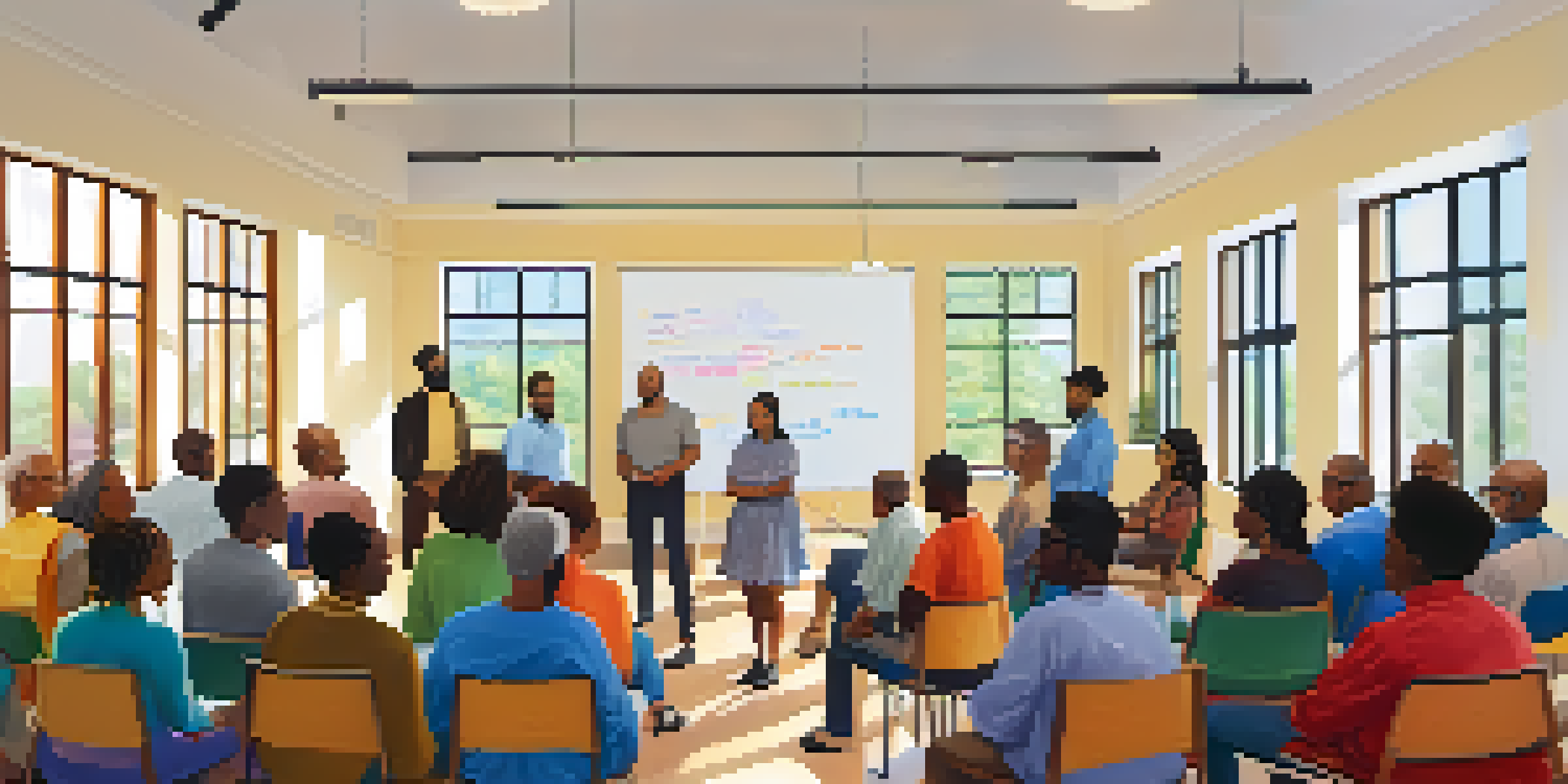 A diverse group of people gathered in a bright meeting room, engaged in discussion during a community meeting with natural light filtering in.