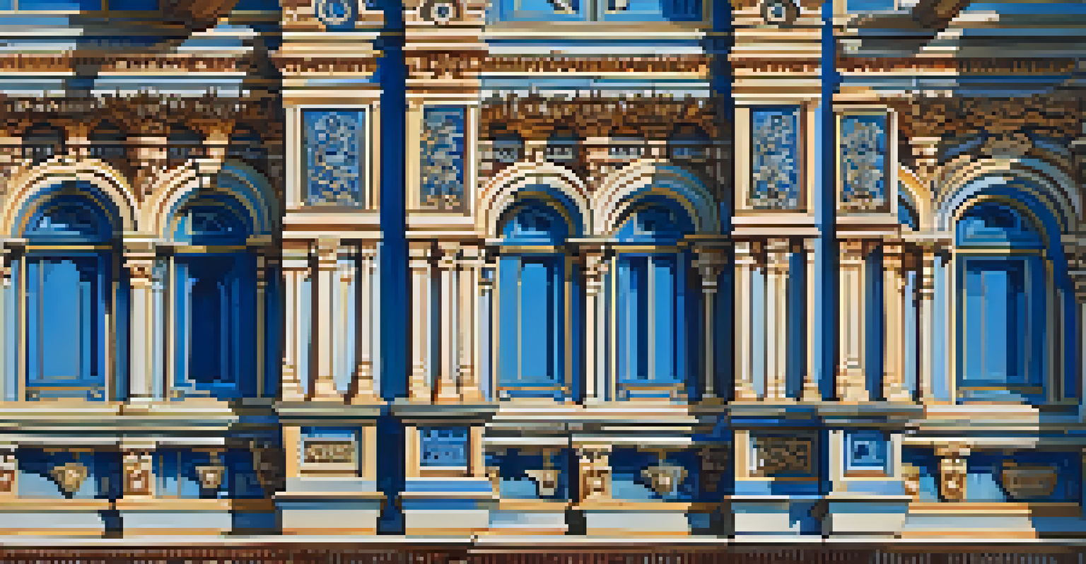 A close-up of architectural details on a historic building, showcasing ornate carvings and vibrant colors against a blue sky.