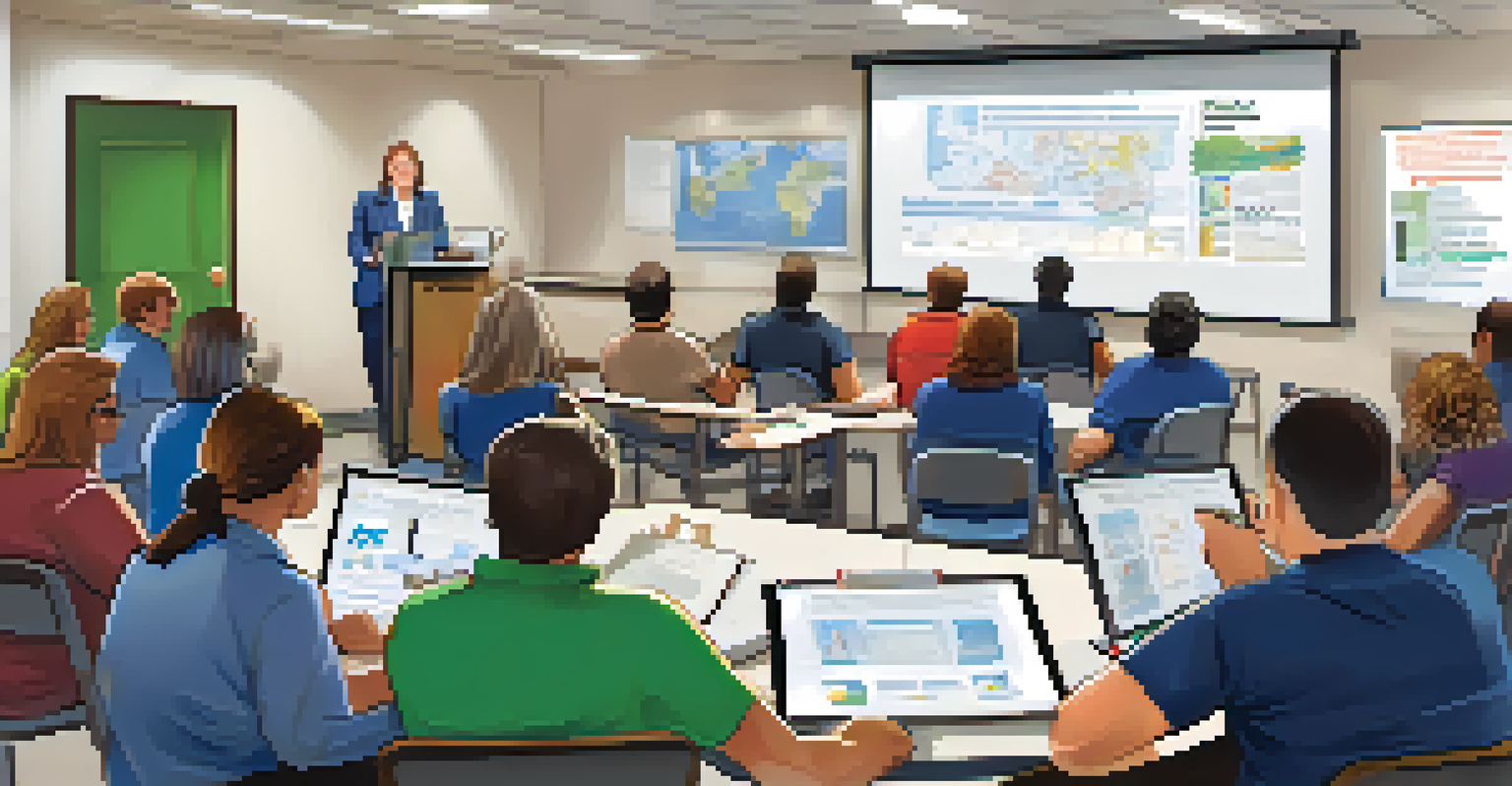Local government official conducting an emergency response workshop in a community center with engaged attendees.