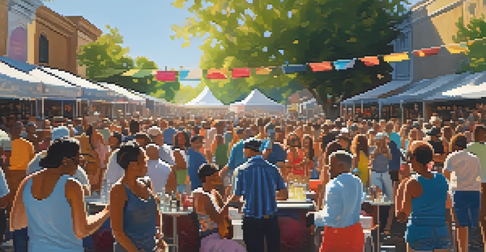 A lively outdoor scene from the San Jose Jazz Festival with musicians and a cheerful audience, surrounded by colorful decorations.