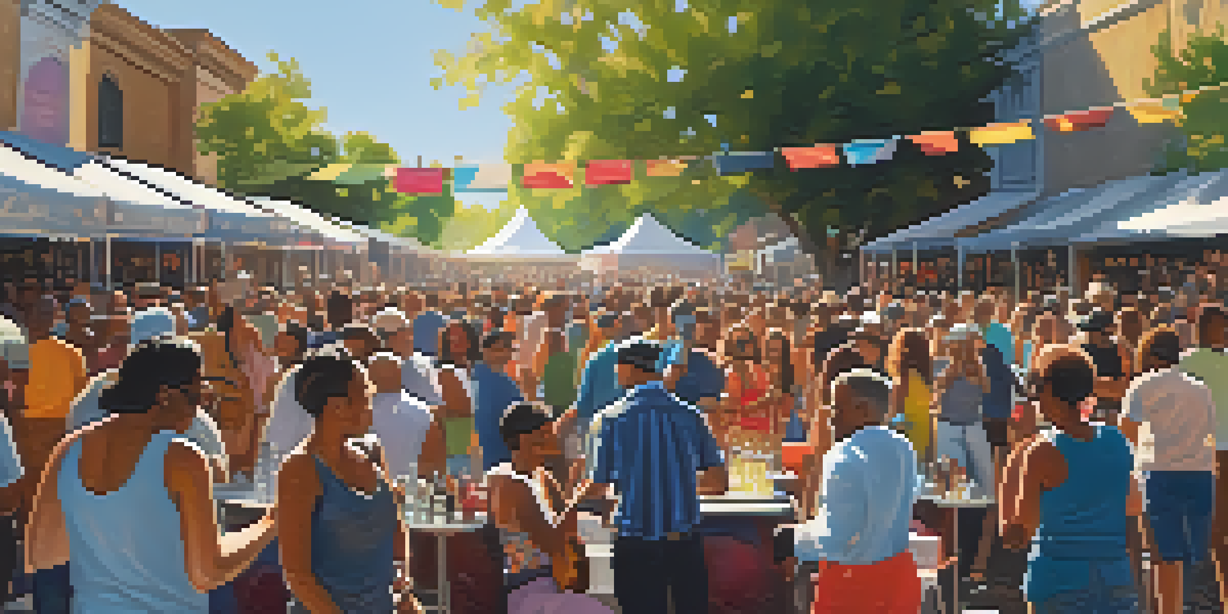 A lively outdoor scene from the San Jose Jazz Festival with musicians and a cheerful audience, surrounded by colorful decorations.