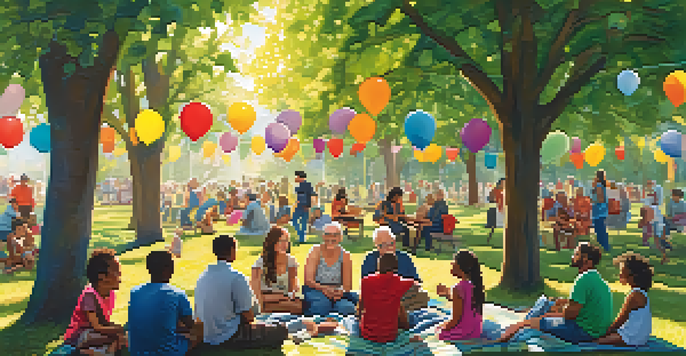 A diverse group of individuals of different ages gathered in a park, sharing stories and enjoying a community event.