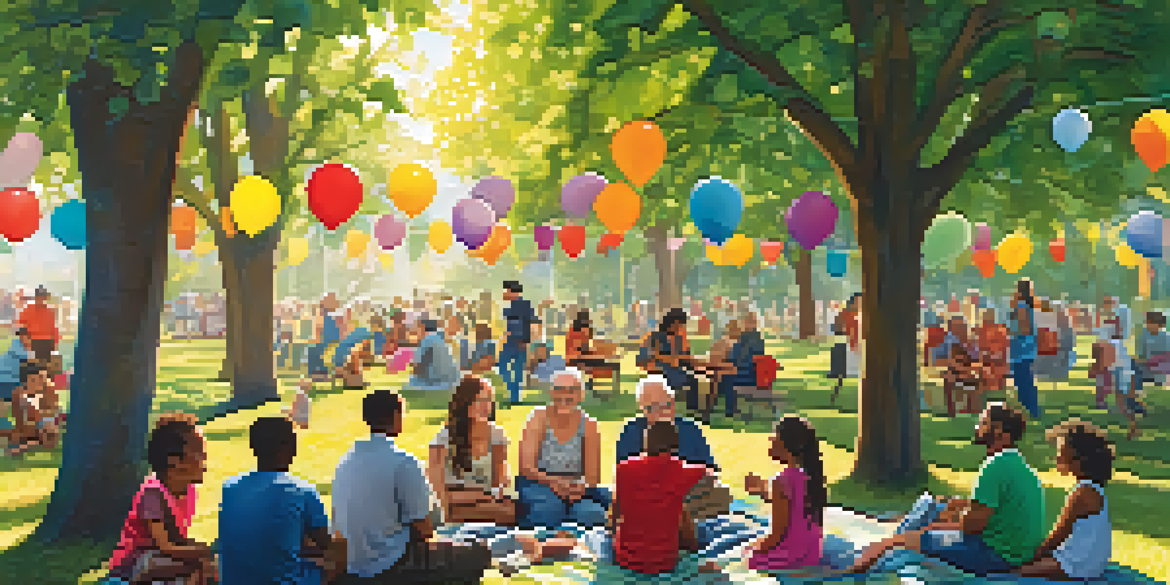 A diverse group of individuals of different ages gathered in a park, sharing stories and enjoying a community event.