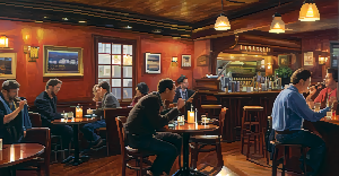 Interior of Cafe Stritch with patrons enjoying live jazz music, warm lighting, and wooden furniture.