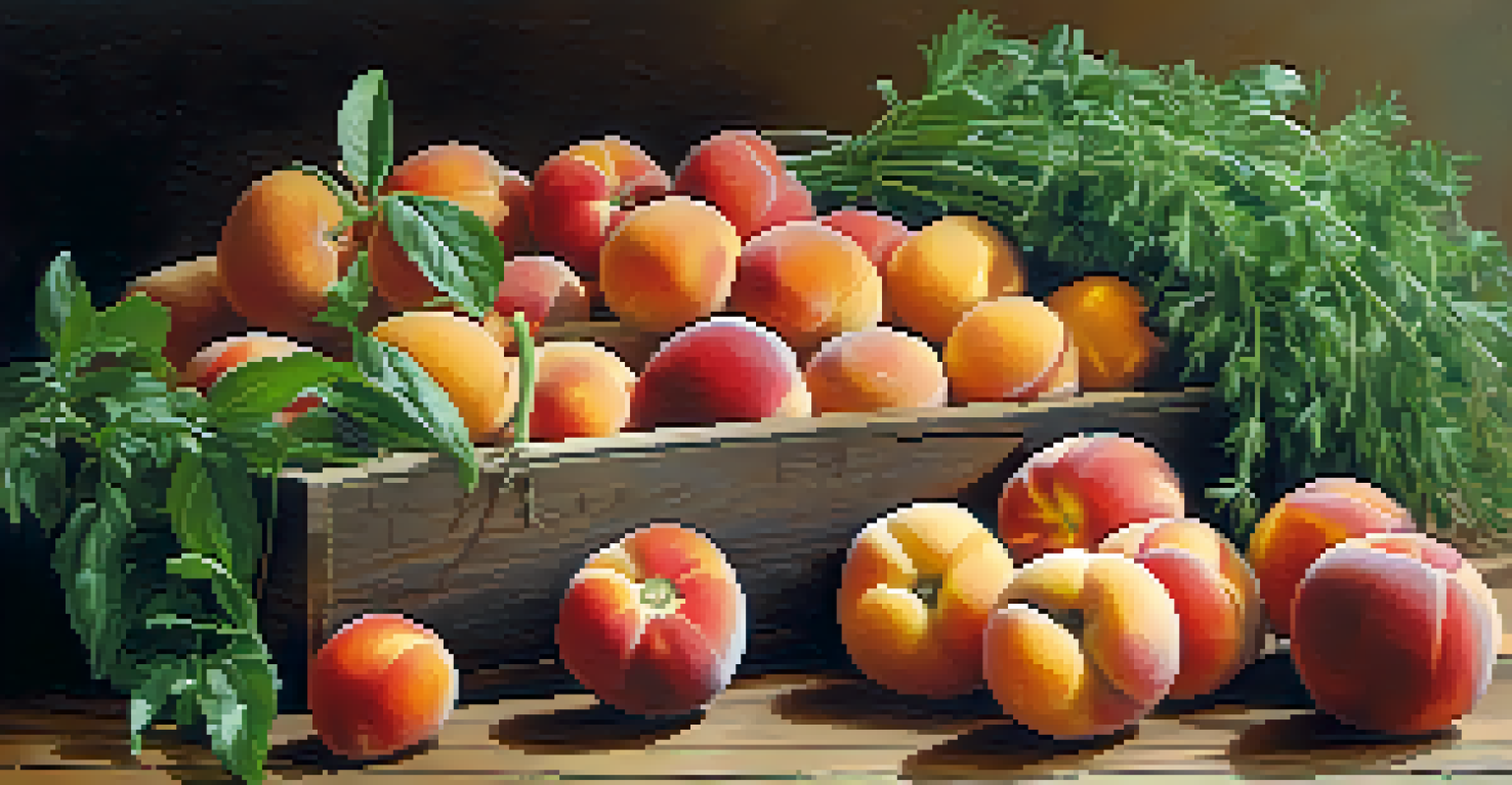 A close-up of seasonal produce including peaches, heirloom tomatoes, and fresh herbs arranged on a wooden table, beautifully lit.