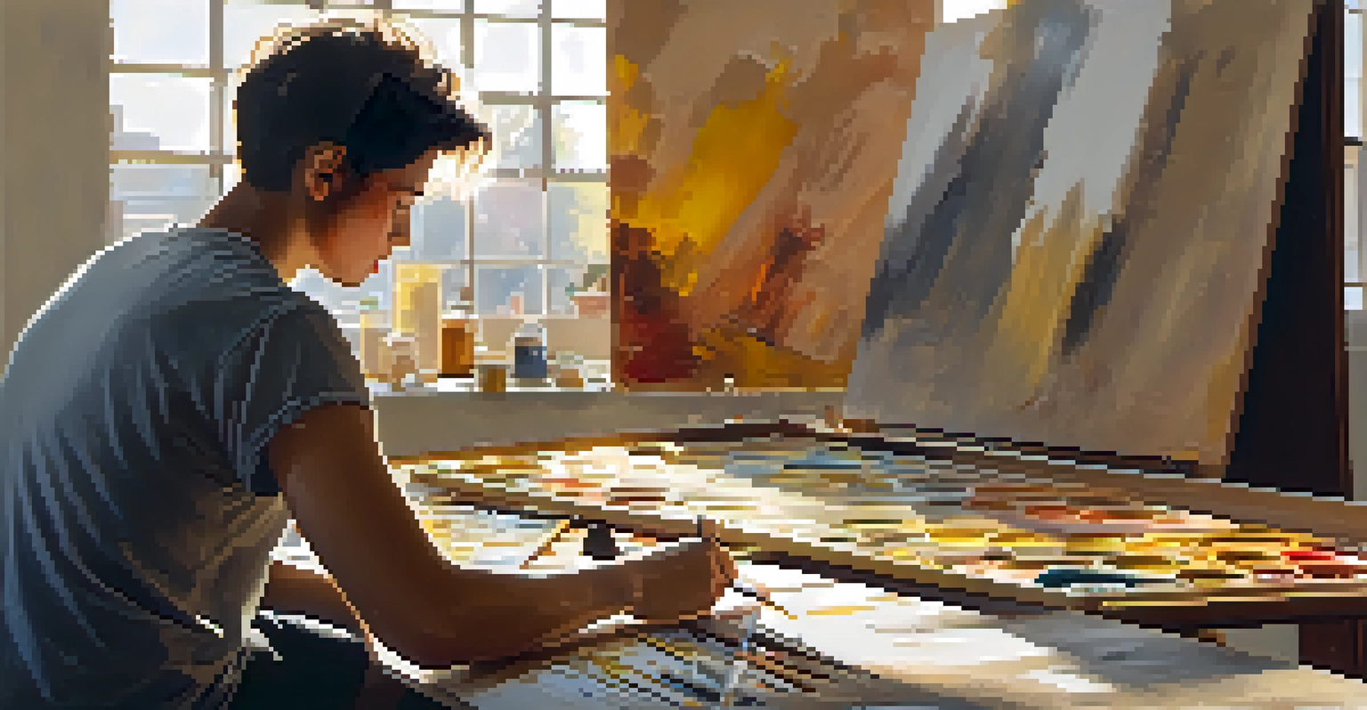 An emerging artist painting in a well-lit studio, surrounded by art supplies.