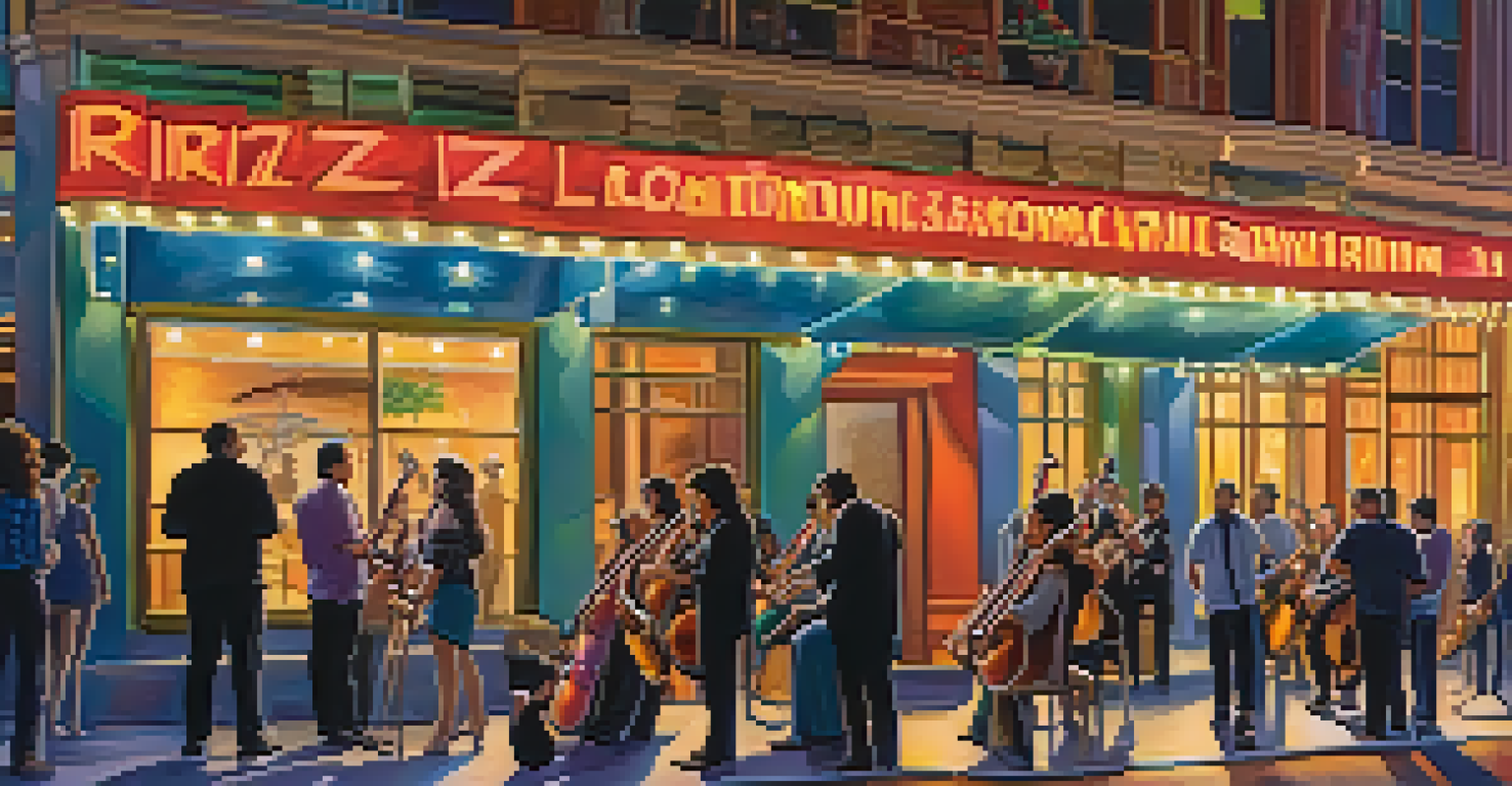Exterior of The Ritz in downtown San Jose with a lively crowd and musicians setting up instruments.