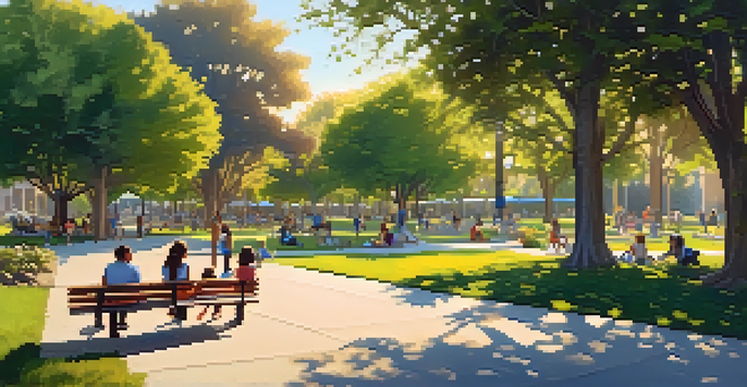 An urban park in San Jose with families enjoying green spaces, trees, and flowers during sunset.