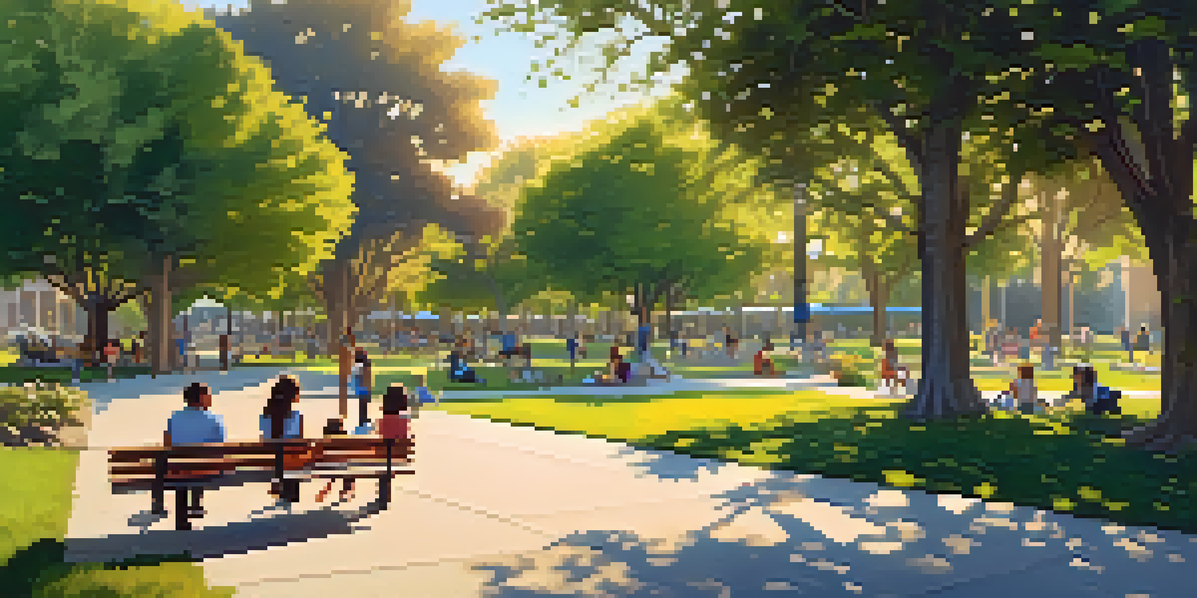 An urban park in San Jose with families enjoying green spaces, trees, and flowers during sunset.