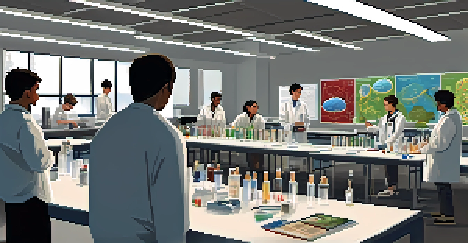 A modern classroom with students engaged in hands-on biotech experiments, guided by a teacher.