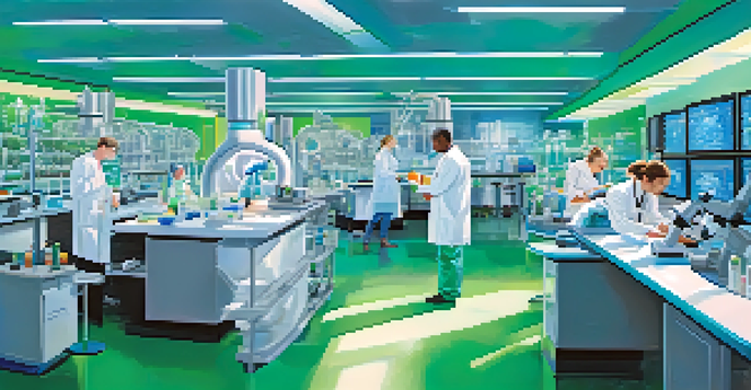 A biotechnology lab with scientists in lab coats working with advanced equipment, under natural light with colorful lab samples and screens displaying genetic data.