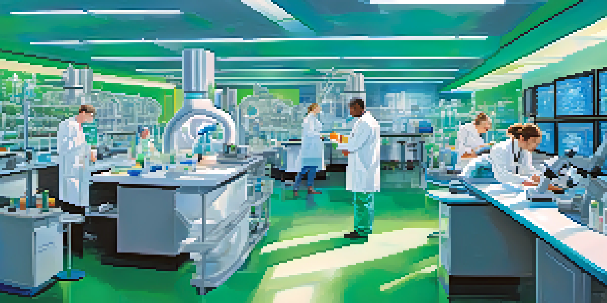 A biotechnology lab with scientists in lab coats working with advanced equipment, under natural light with colorful lab samples and screens displaying genetic data.