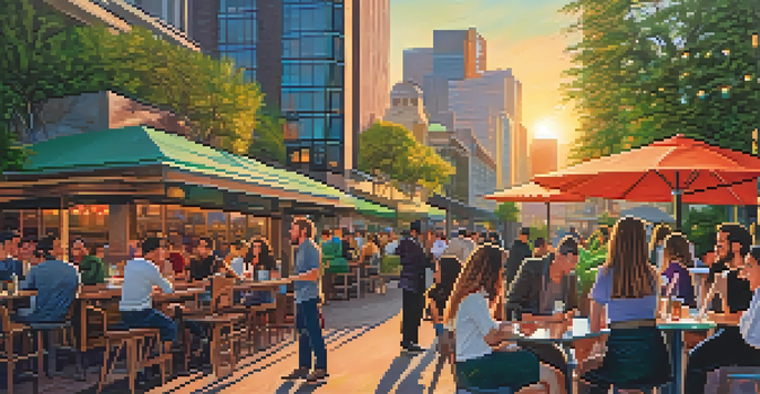 A lively city scene in San Jose during sunset, featuring tall buildings and a group of diverse young professionals at a cafe.