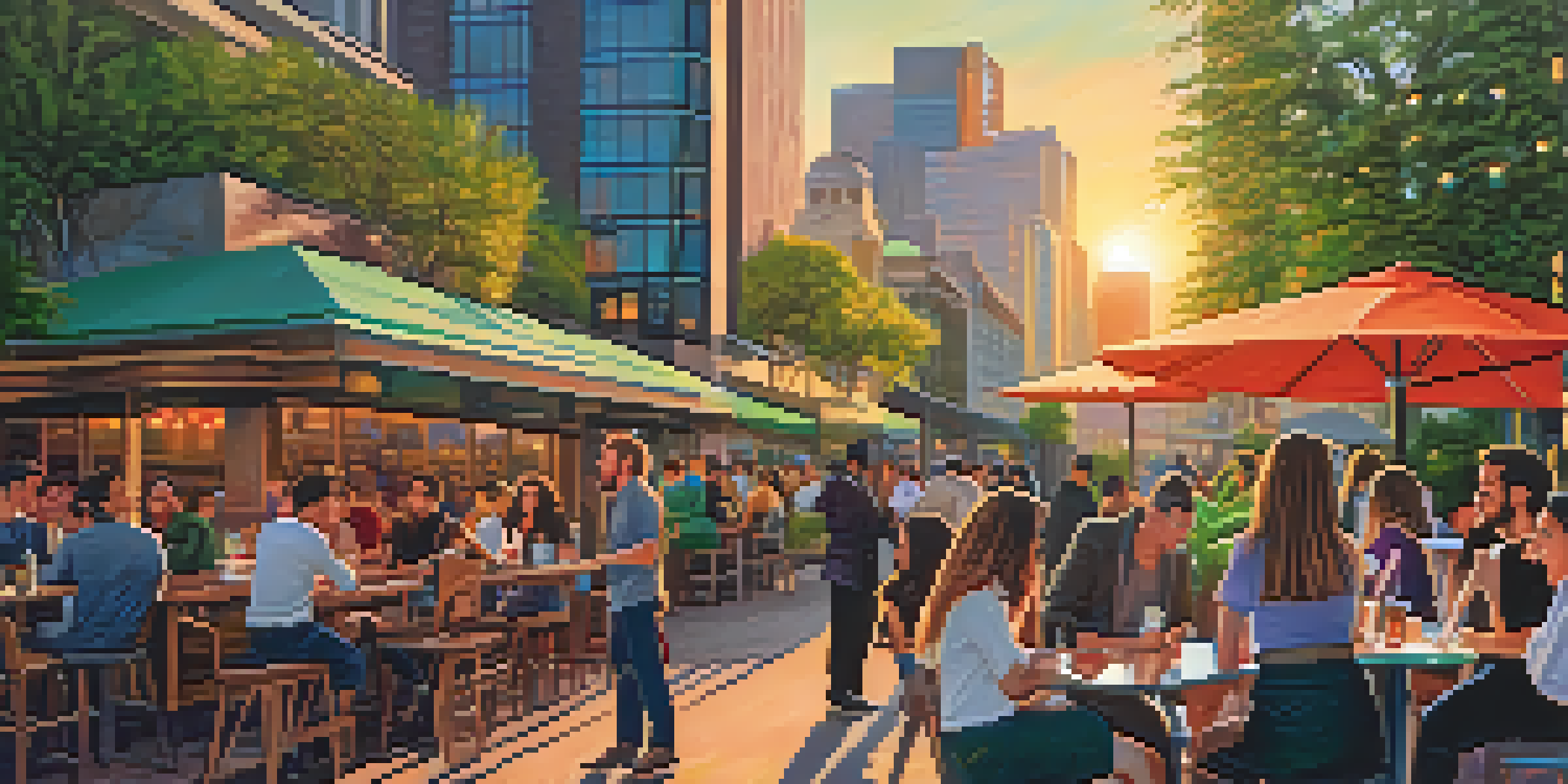 A lively city scene in San Jose during sunset, featuring tall buildings and a group of diverse young professionals at a cafe.