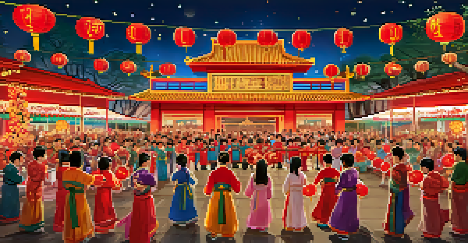 Festive scene of a Lunar New Year Festival with lion dancers and colorful decorations, creating a joyful atmosphere.