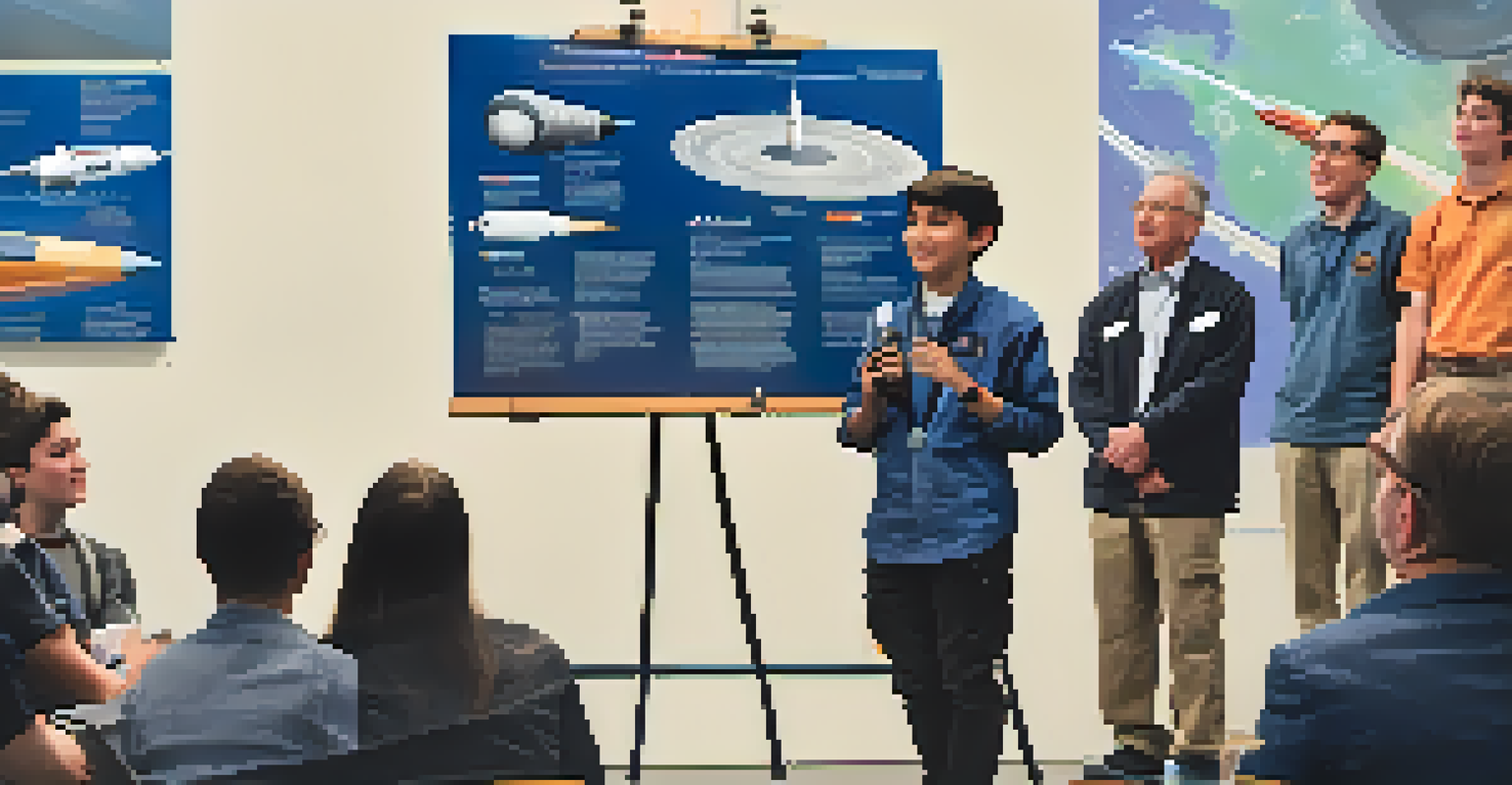 Student confidently presenting a rocket design at a NASA Ames Academy competition, with judges and peers in the background.