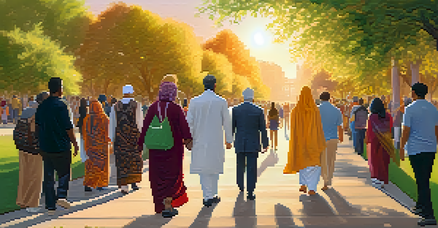 Participants of different faiths walking hand in hand during an interfaith peace walk in a scenic urban park at sunset.