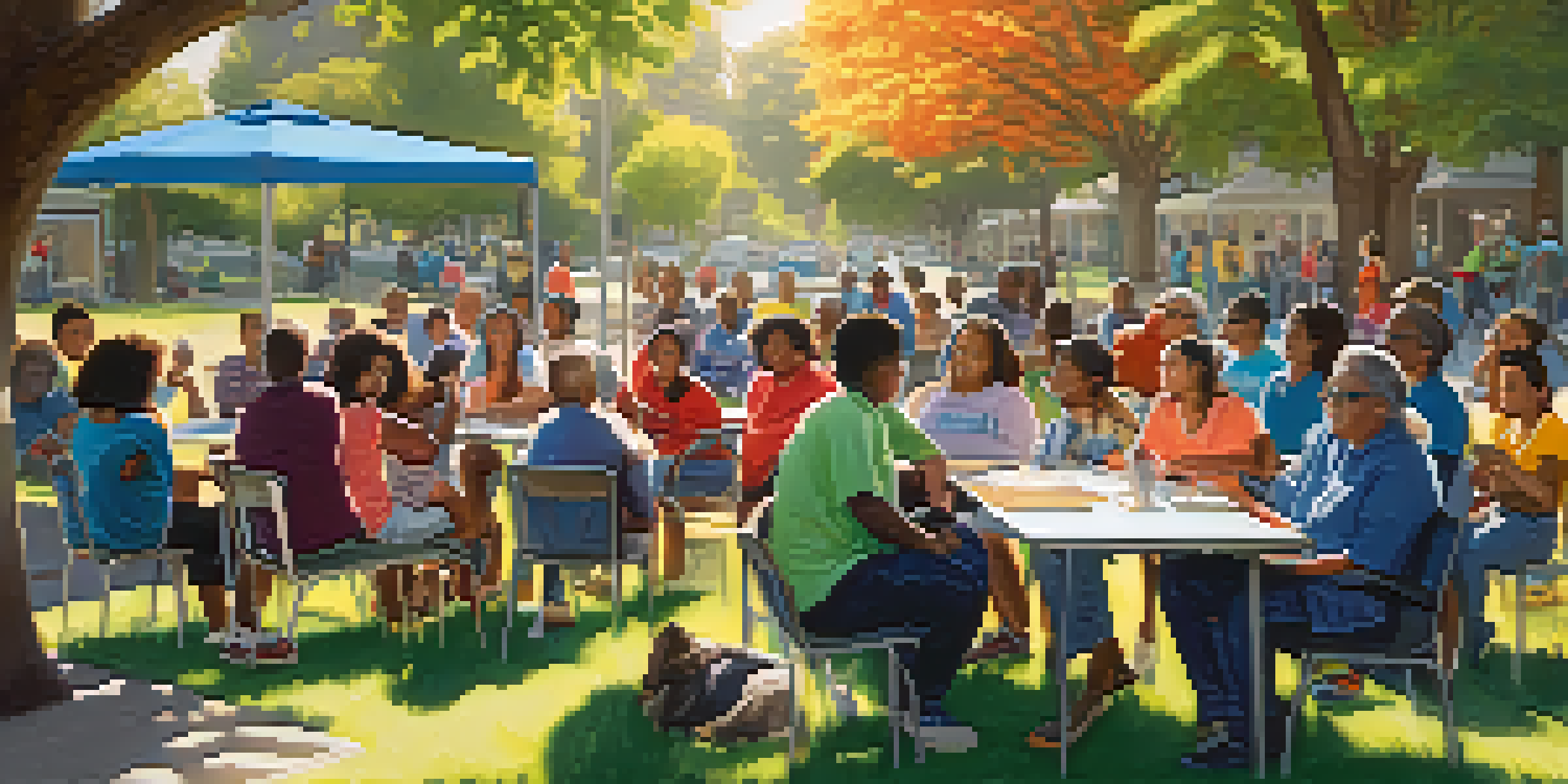A community safety meeting in a park with diverse residents discussing safety initiatives under sunlight.