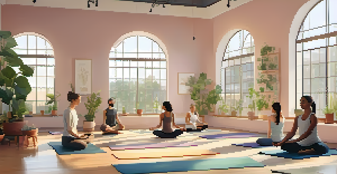 A bright yoga studio with large windows, students practicing yoga with an instructor, and plants in the corners.