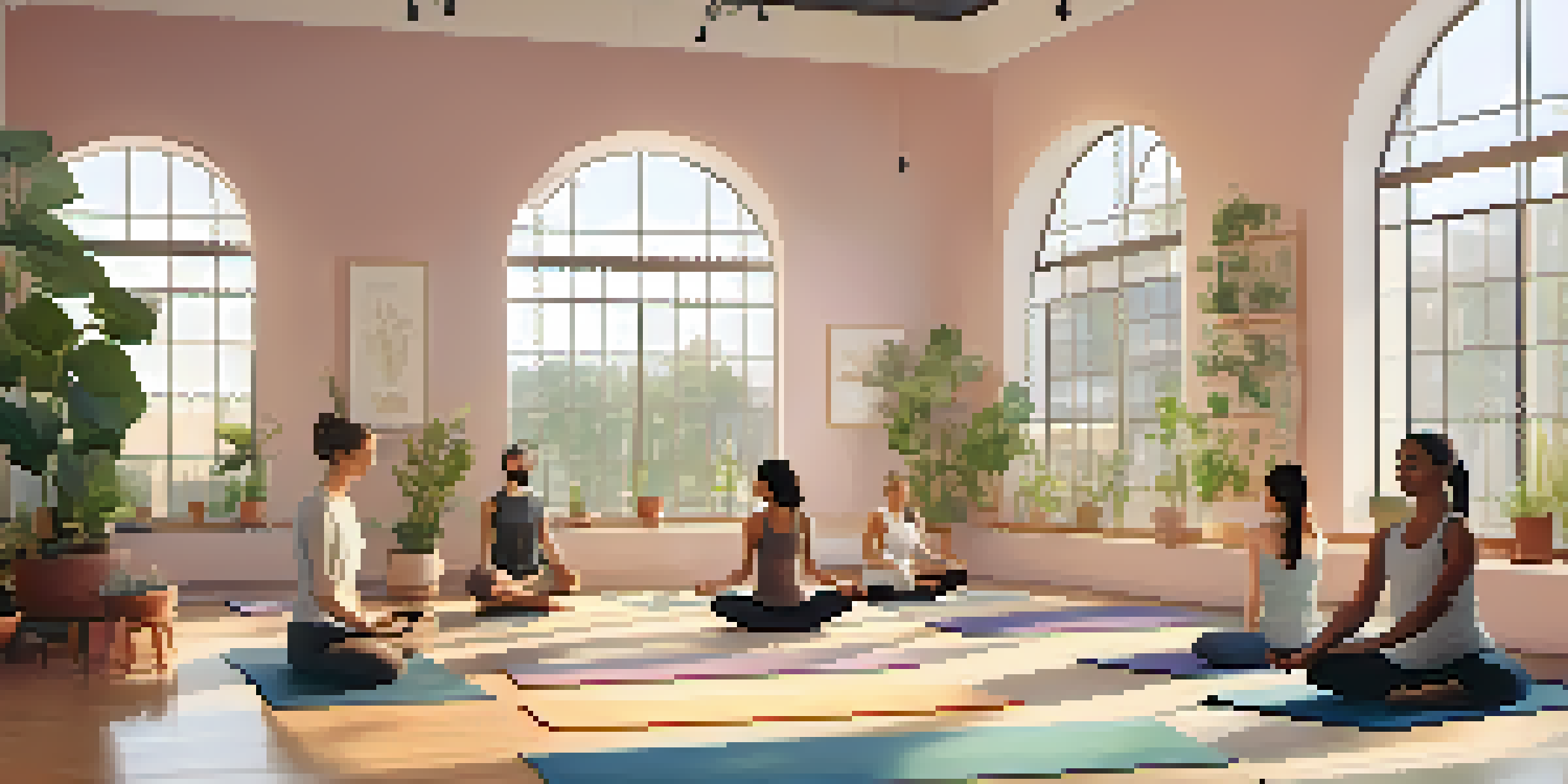 A bright yoga studio with large windows, students practicing yoga with an instructor, and plants in the corners.