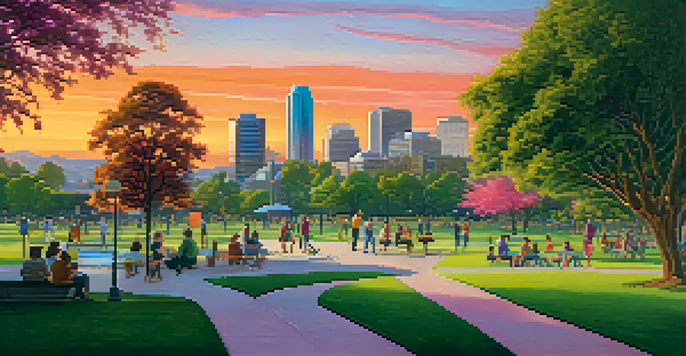 A beautiful sunset over San Jose's skyline, with colorful reflections on buildings and people enjoying a park.