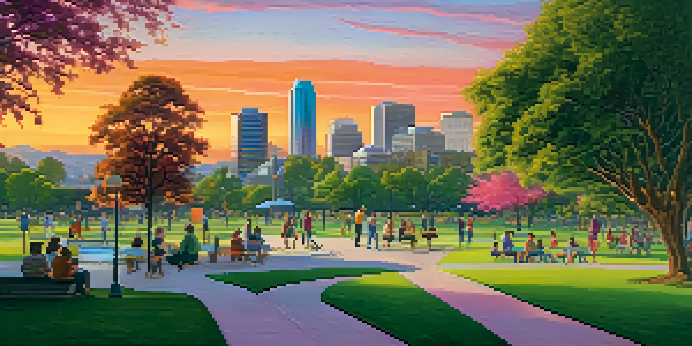 A beautiful sunset over San Jose's skyline, with colorful reflections on buildings and people enjoying a park.