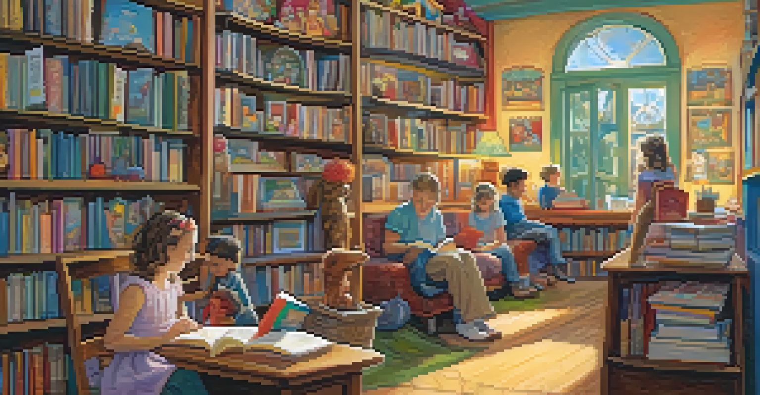 A charming children's bookstore with colorful decorations, children listening to a storytelling session, and a friendly staff member reading.