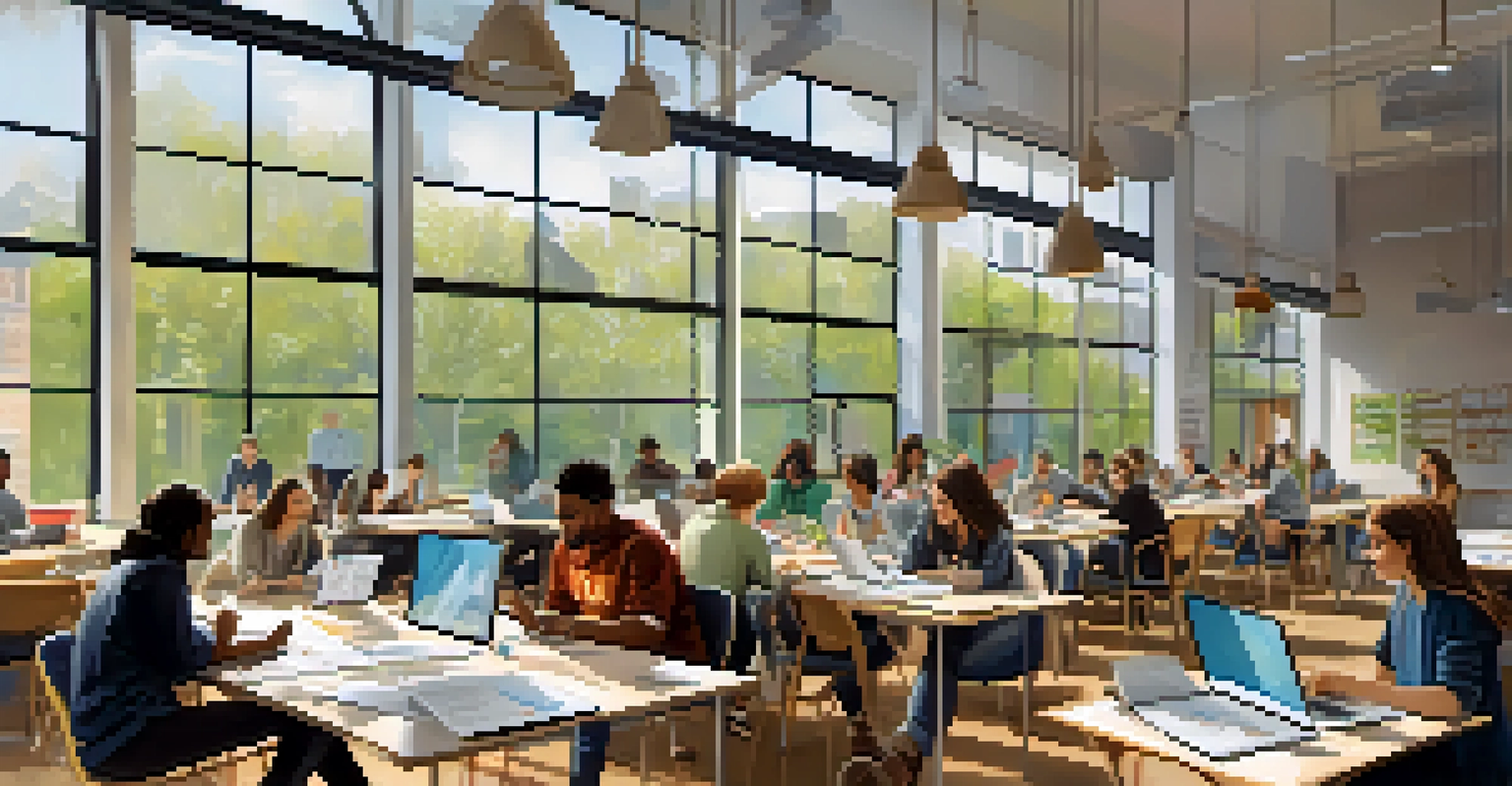 A collaborative workspace in a university with diverse students brainstorming and discussing ideas around a large table filled with laptops and notes.