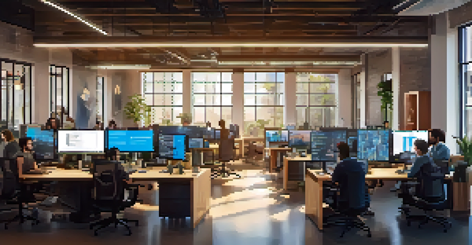 A diverse team of engineers working together in a modern office on blockchain technology with screens showing code and flowcharts.