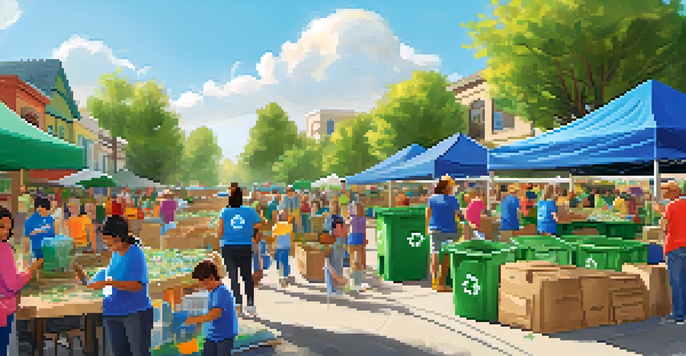 A lively community event promoting recycling with families, colorful booths, and children playing games in a sunny park.