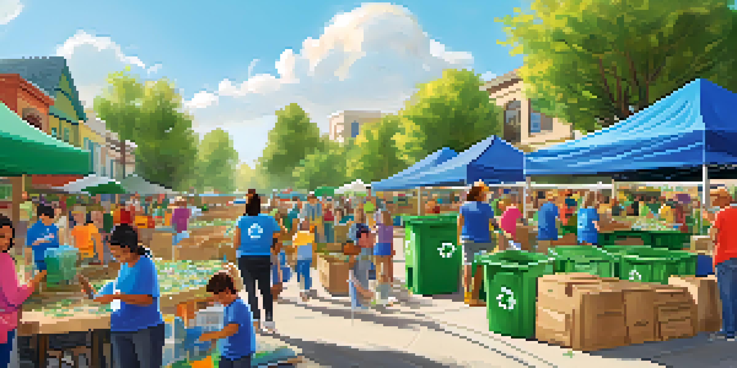 A lively community event promoting recycling with families, colorful booths, and children playing games in a sunny park.
