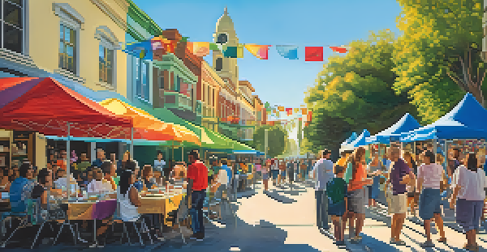 A community event in San Jose with residents creating murals and surrounded by historic buildings and greenery.