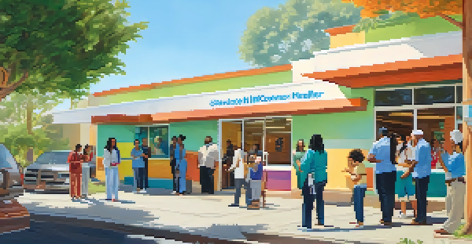 A community health center with people of various ethnicities engaging in healthcare activities, with colorful murals and a warm sunny ambiance.